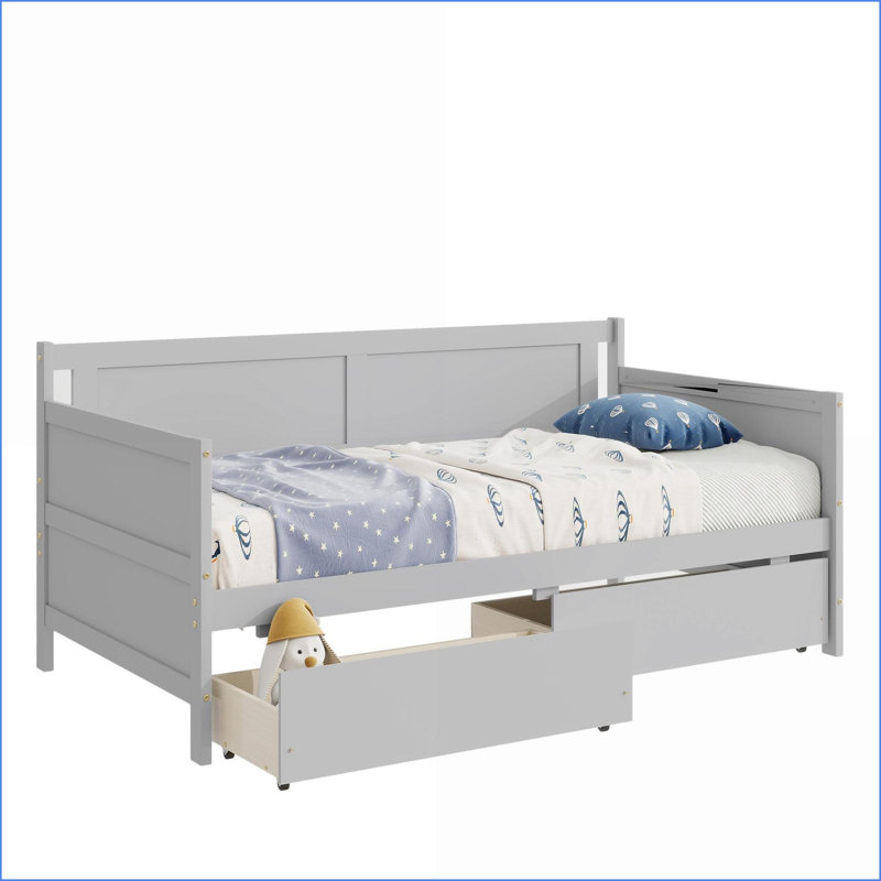 Twin Size Solid Pine Wood Storage Daybed with 2 Drawers – No Box Spring Needed, Grey for Guest Room/Living Room, Gray