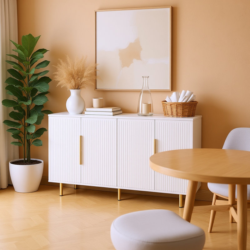 Buffet moderne avec portes cannelées, buffet à 4 portes avec poignées dorées et grand rangement - blanc