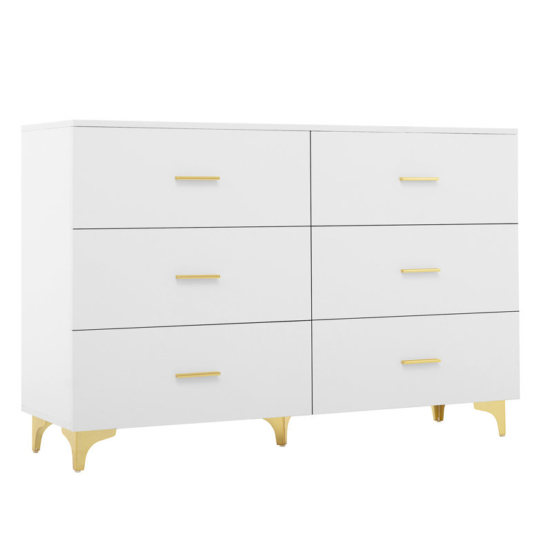 Commode 6 tiroirs blanche avec poignées dorées et pieds en métal