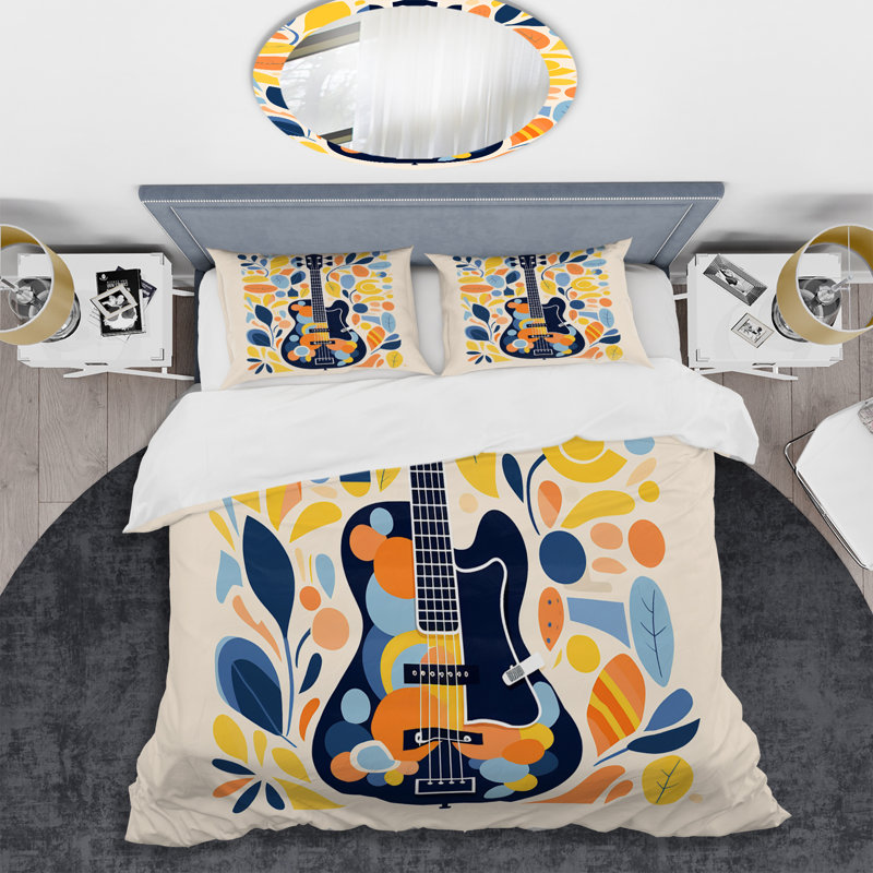 Twin Yellow and Blue Microfiber Guitar Duvet Cover Set