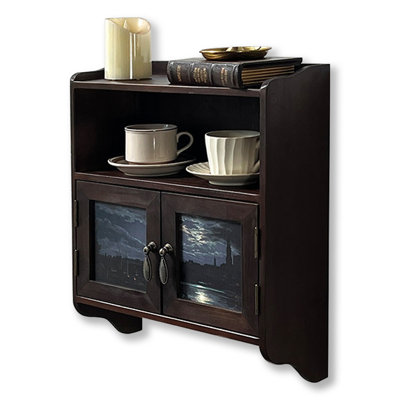 Solid wood + Manufactured Wood Wall Mounted Vintage 2 Compartment Wall Cabinet, Open Top Storage & Double Glass Door Cabinet Modern Decor Display Shelf for Bedroom, Bathroom, Kitchen, Living Room