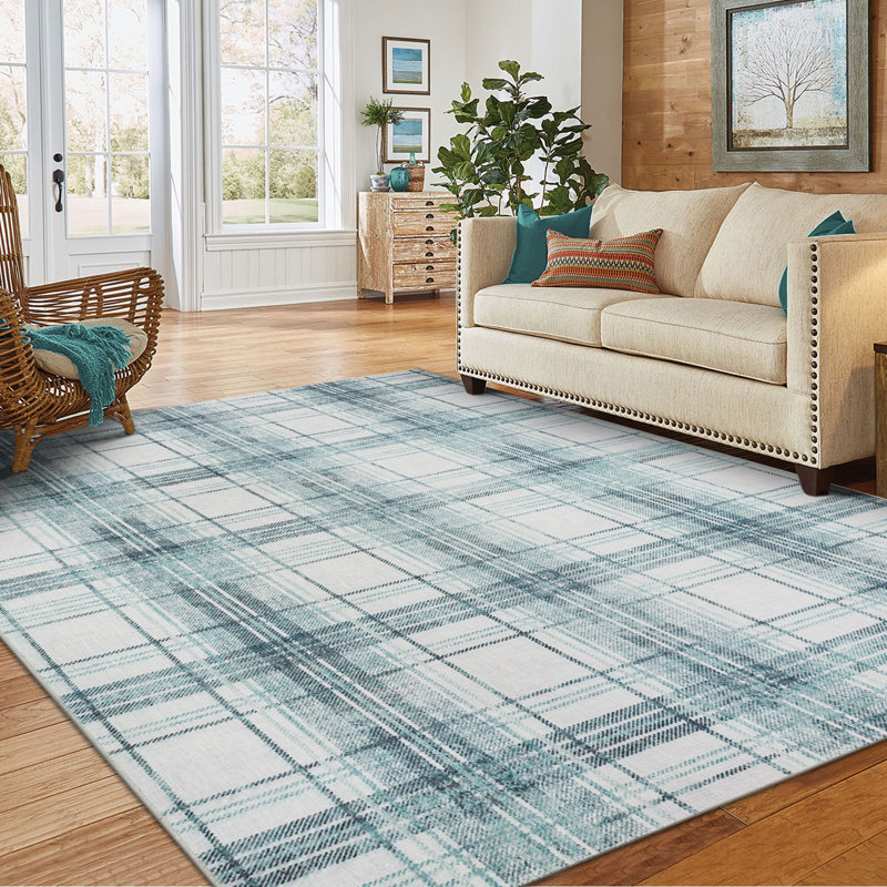 Tapis treillis moderne NELE bleu / ivoire lavable à la machine, Rectangle 7 pi 6 po x 9 pi 6 po