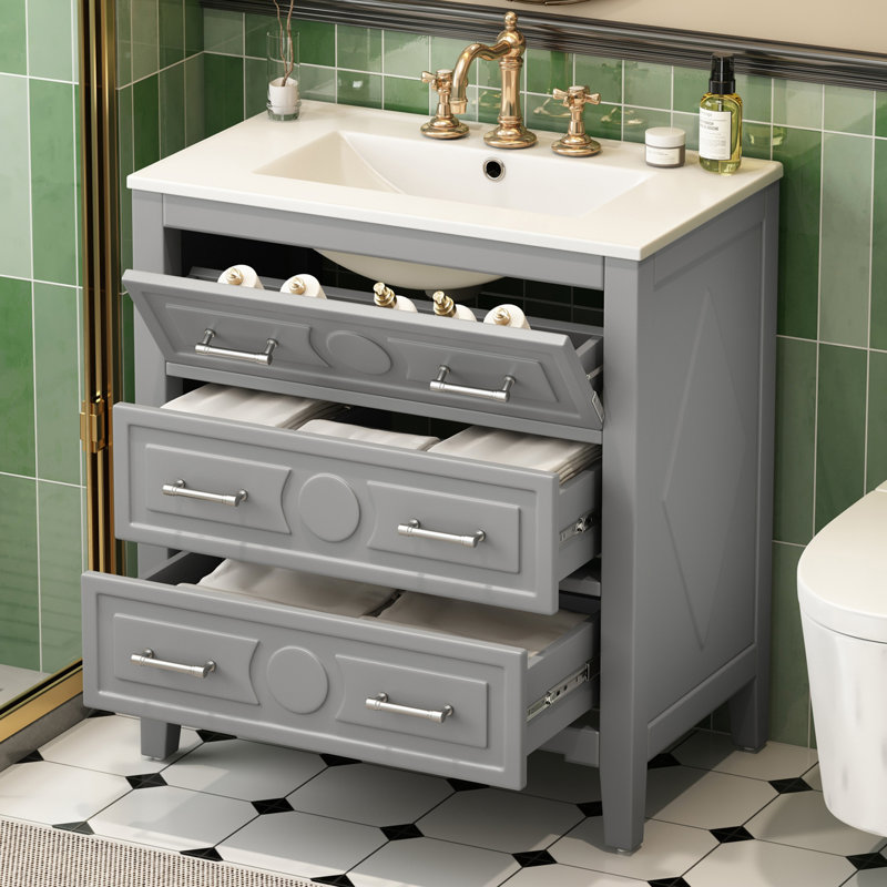 Ensemble de meuble-lavabo autoportant avec cadre en bois massif 30 po avec lavabo en céramique et 3 tiroirs