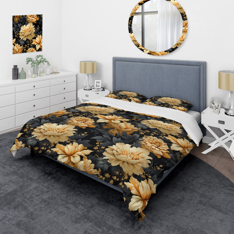 Ensemble de housse de couette jaune à motif de fleurs d'hortensias jaunes, Housse de couette pour très grand lit et 2 très