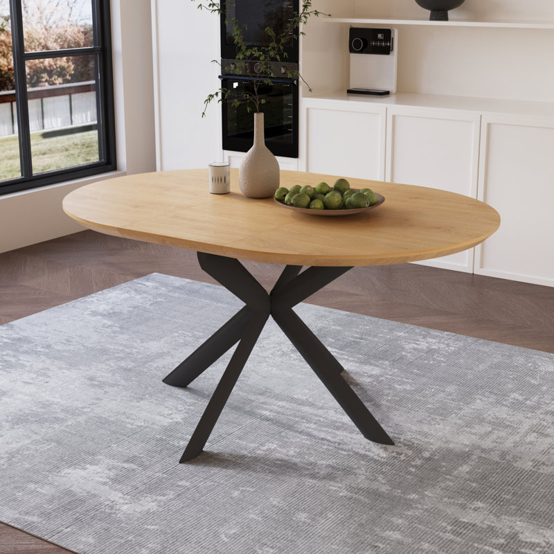59 In. Oak Oval Extendable Mid-Century Modern Dining Table For 4-6 With Carbon Steel Legs