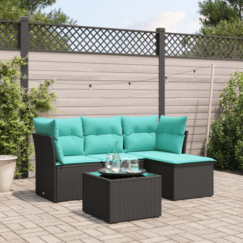  Ensemble de canapé de patio 5 pièces avec coussins en rotin de polyester noir, Bleu clair, Noir