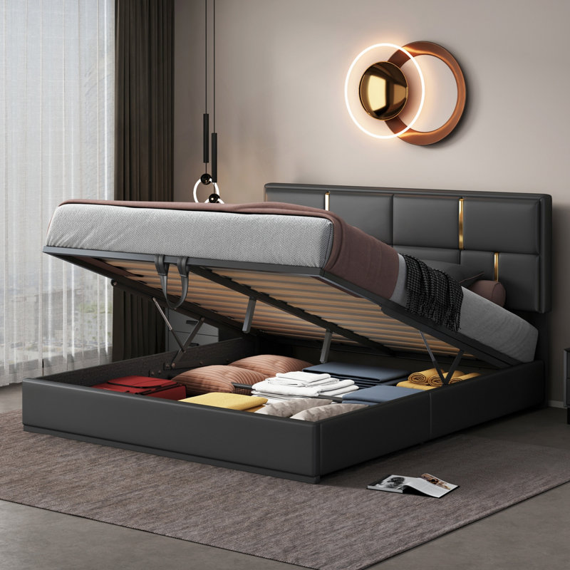 Grand lit plateforme tapissier avec rangement hydraulique, conception élégante et robuste pour les chambres modernes, Noir
