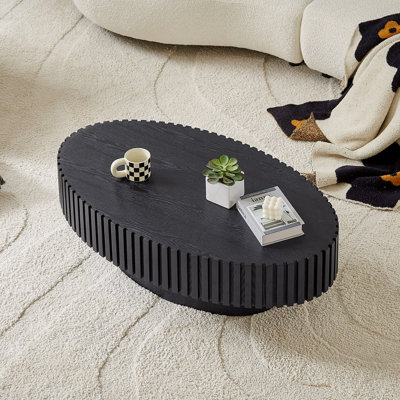 Table basse ovale en MDF de salon moderne fabriquée à la main tambour d'une longueur de 43,7 pouces Ellipse avec piédestal robuste noir
