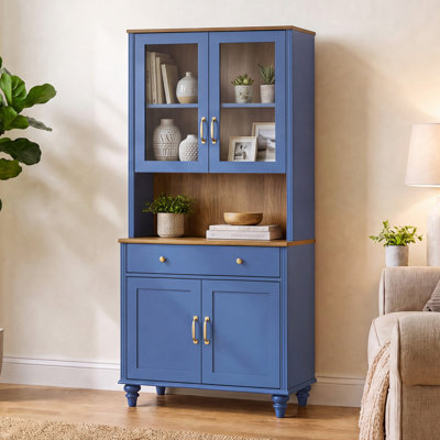 72"H x 34"W Bookcase, Bookshelf with Glass Doors, Farmhouse Library Wooden Bookshelves for Living Room, Office, Study Room, Blue