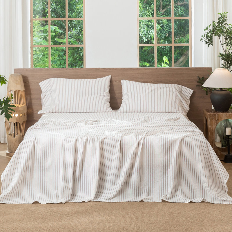 Moomee Striped Flat Sheet 100% Washed Cotton Linen Like Textured Breathable Lightweight, King Flat Sheet
