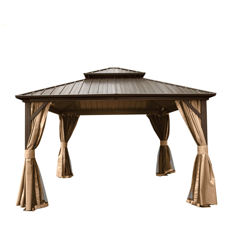 12' X 12' Hardtop Gazebo, Aluminum Metal Gazebo With Galvanized Steel Double Roof Canopy, Curtain And Netting, Permanent Gazebo Pavilion For Party, Wedding, Outdoor Dining, Brown