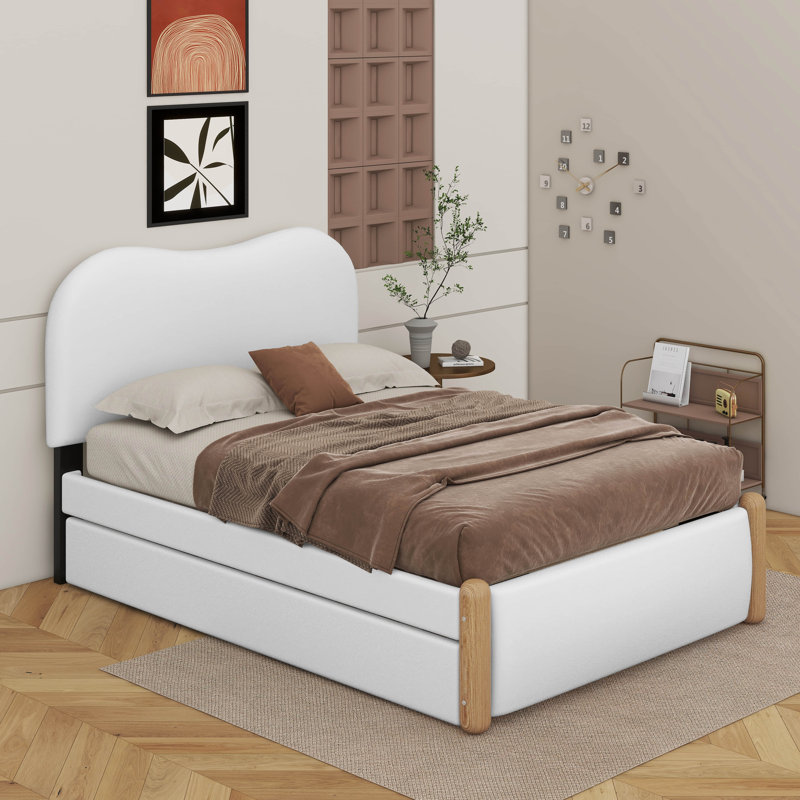 Lit plateforme tapissier simple avec lit gigogne et pieds en bois, Lit simple, White