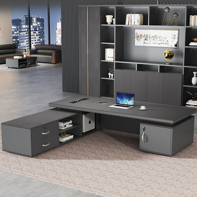 Bureau de direction moderne en L gris foncé minimaliste avec grand rangement et multiprise intégrée, bureau de direction et de direction de qualité supérieure