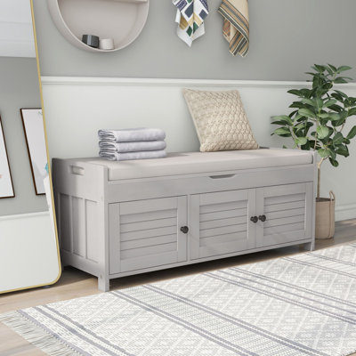 Banc de rangement avec 3 portes en forme de volet, banc à chaussures avec coussin amovible et espace de rangement caché
