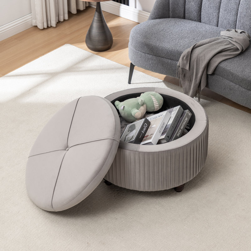 Repose-pieds rond avec rangement en velours Bula, Gris
