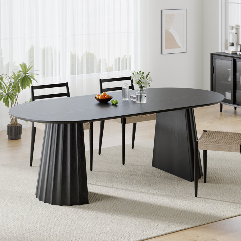 79" Oval Dining Table Duble Pedestal Dining Table Seats 6 Solid Wood Kitchen Table, Black