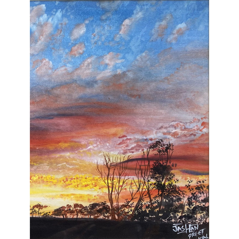 Paysage de lever de soleil | Aquarelle sur feuille | Avec cadre | Par Jashanpreet Kaur