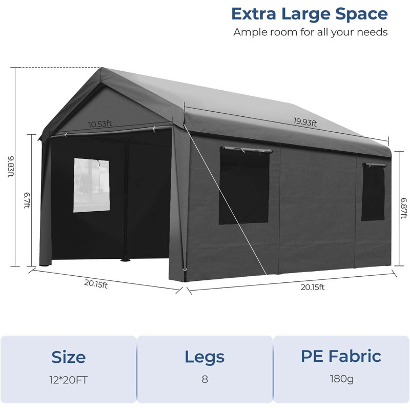 Abri d'auto 12 x 20 pi pour abri d'auto robuste avec fenêtres ventilées enroulables, cadre d'abri d'auto portatif, Gris