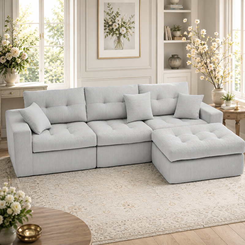 Aucun assemblage requis Canapé modulaire en L avec méridienne d'angle, canapé nuage en velours côtelé de qualité supérieure avec éponge compressée haute résilience, canapé de jour