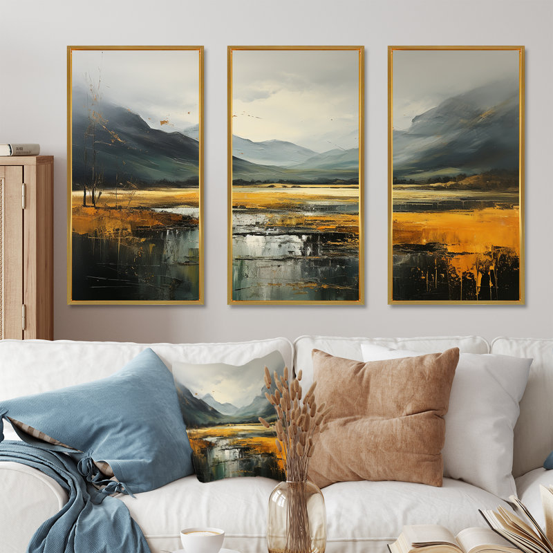 Gris et jaune, paysage de montagne abstrait I - paysage abstrait, art mural, Cadre flottant doré, H 32 po x l 48 po x P 1 po