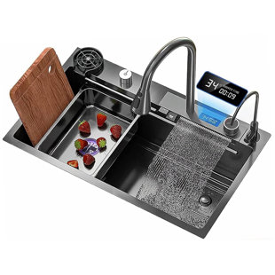 Évier de cuisine 33 po x 22 po en acier inoxydable Nano 304 noir avec robinet à cascade et affichage de la température à DEL - évier de station de travail à simple cuve avec douchette