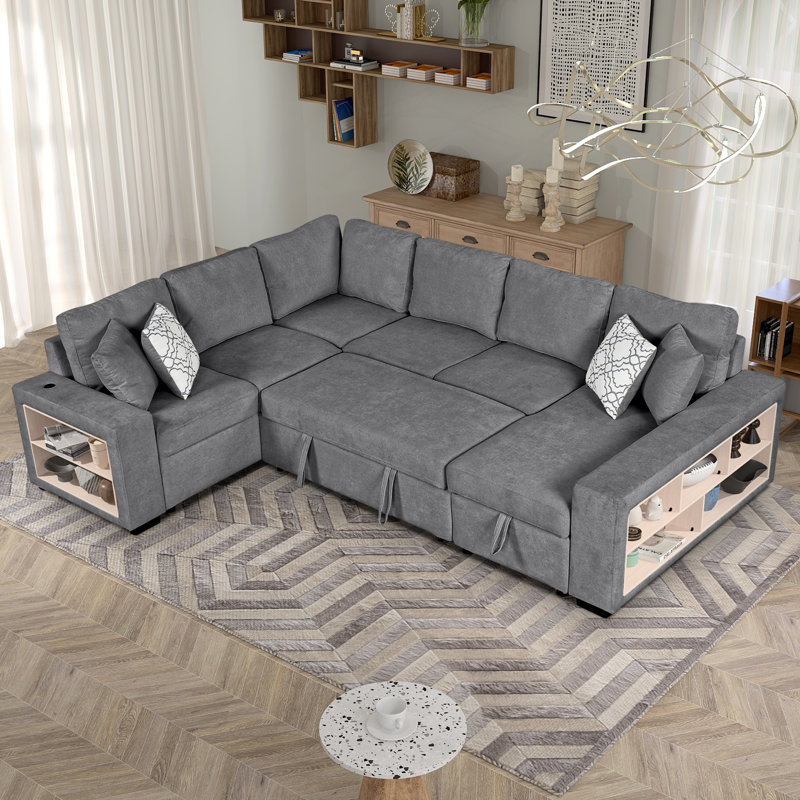 Toko Modern U-shaped Sectional Sofa With Pull Out Bed And Storage Chaise/Shelf & USB Ports, Gray Chenille