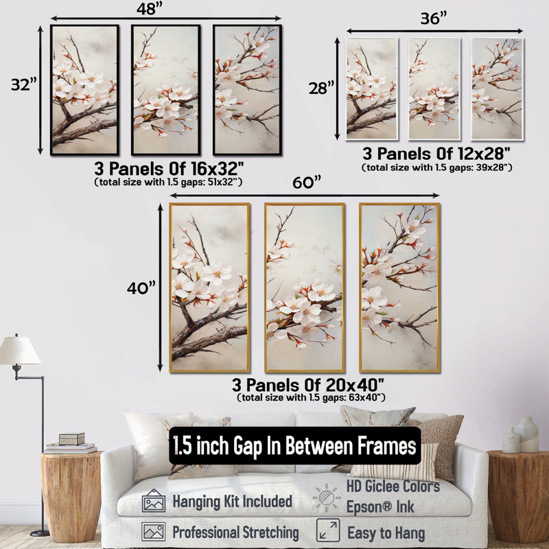 Minimalisme sur fond de cerisier beige II, Cadre flottant doré, H 32 po x l 48 po x P 1 po