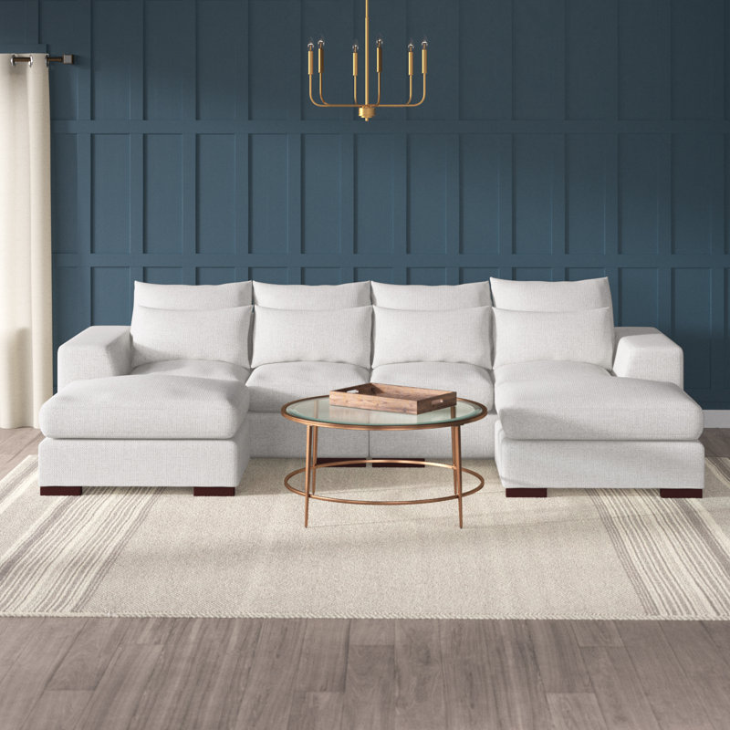 Beige Linen-Blend Modular Sectional Sofa with Ottoman & Toss Pillows