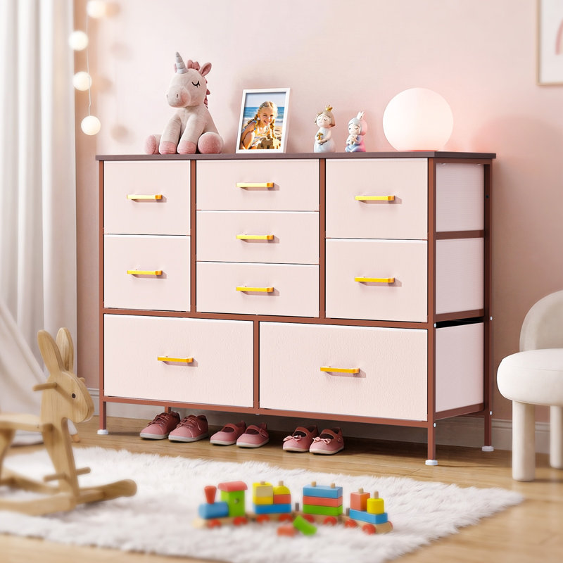Commode 9 tiroirs rose pour rangement de chambre à coucher