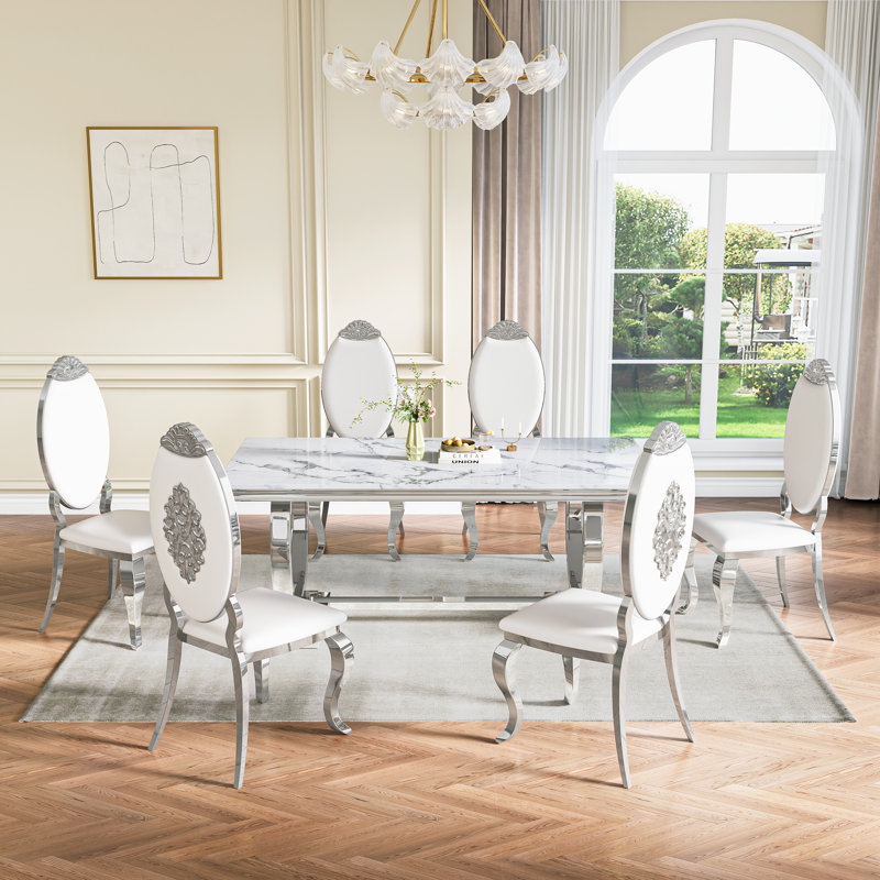 69" Dining Table Set, Faux Marble Dining Table Set With High Backrest Dining Chairs, Modern Kitchen & Dining Room Sets