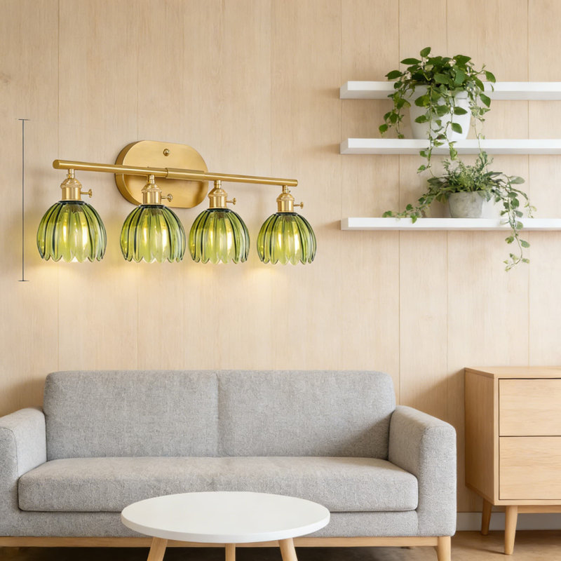 Luminaire de meuble-lavabo en laiton avec abat-jour en verre tulipe vert, applique câblée à 4 lumières pour miroir de salle de bain, chambre à coucher et salon
