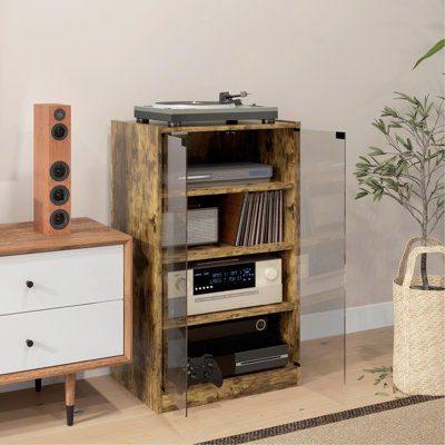 Armoire multimédia, armoire stéréo à 4 niveaux, meuble audio-vidéo moderne avec tablettes réglables, portes en verre trempé et gestion des câbles, brun rustique
