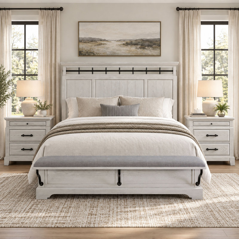 Ensemble de chambre Courtlan 3 pièces pour lit king avec lit banquette et 2 tables de chevet - Blanc délavé, Blanc