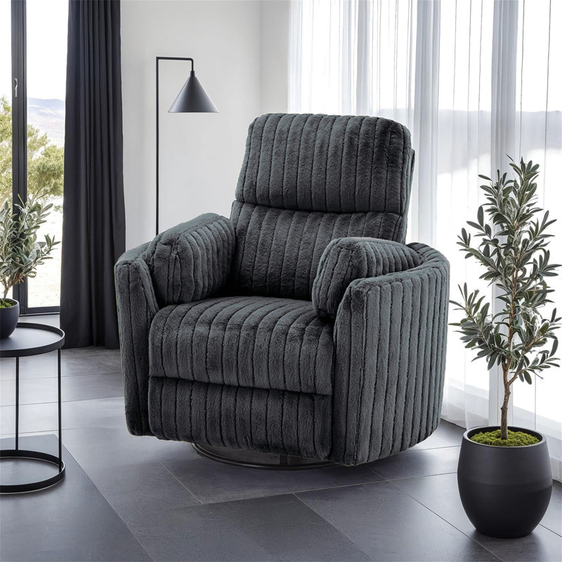 Power Glider Recliner W/ Swivel Dark Gray Finish Contemporary Style Curved Arms Pillow Fill Swivel Chair Primary Living Room
