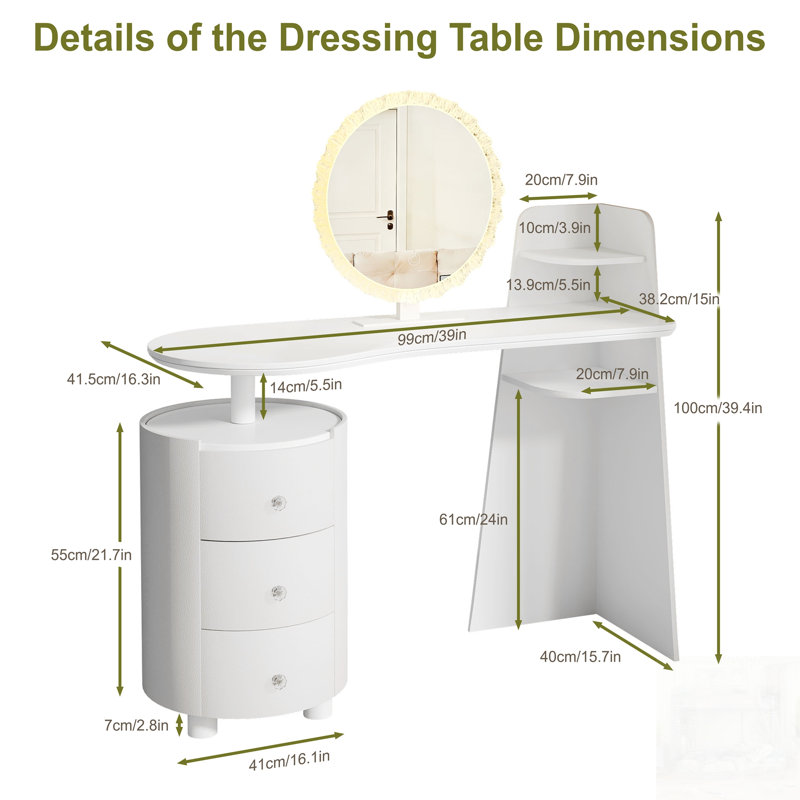 Dressing Table With 3-Color LED Round Mirror, Rotatable 3-Tier Cylindrical Storage, Light Luxury Vanity, Easy Assembly