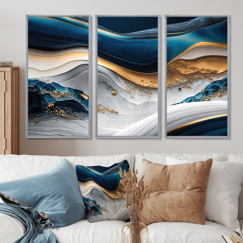 «Abstract Geode Waves Blue II», reproduction sur toile 3 pièces, H 40 po x l 60 po x P 1 po, Silver Floater Framed