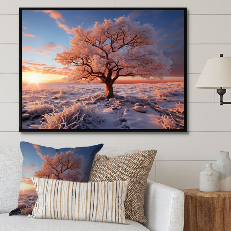 «Pink Tree Winters Sunrise Glow», impression d'art mural de paysages, Cadre flottant noir, H 34 po x l 44 po x P 1,5 po