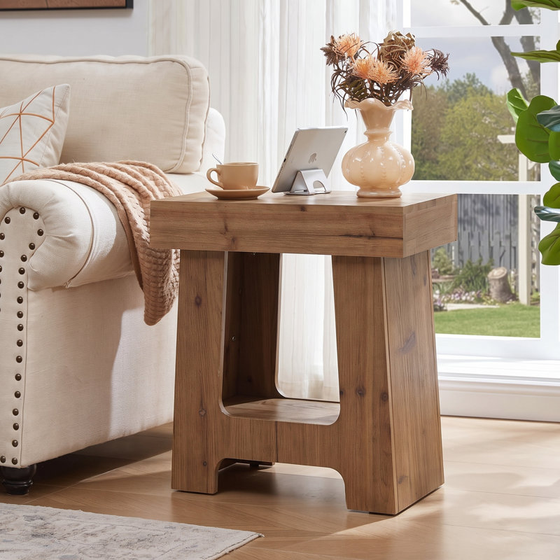 Table de bout en bois massif rustique, table d'appoint rectangulaire avec tablette de rangement, 1