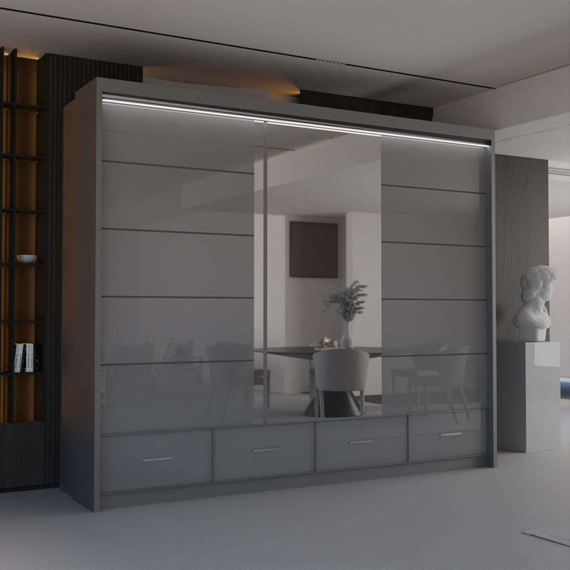 Bahos 3 Door Manufactured Wood Wardrobe, Grey, 220cm H x 255cm W x 66cm D