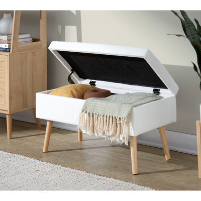 Banc en bois naturel et tissu crème au style contemporain, couvercle rabattable, pieds solides, profondeur de produit de 15,5 po, longueur intérieure de 30 po, hauteur de 17,07 po, limite de poids de 500 lb, utilisation intérieure seulement, assemblage