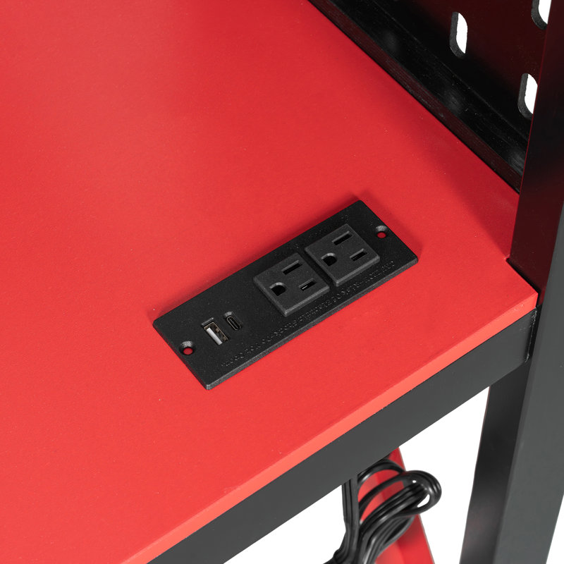 Full Size Wood Loft Bed with Desk, Shelves, USB & Type-C Ports, Power Outlet, and RGB Light, Black+Red, Black/Red