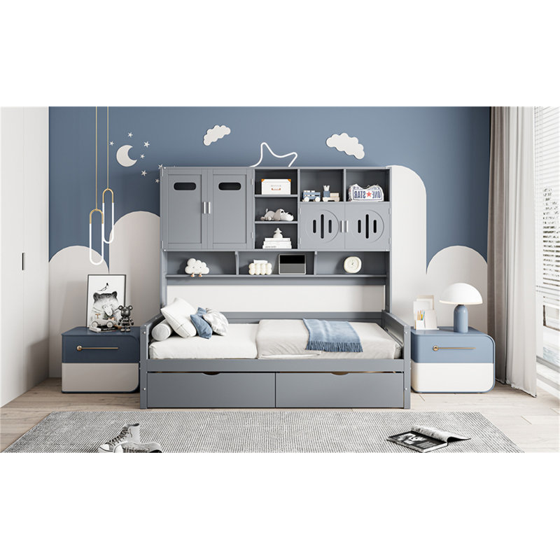 Wooden Daybed With 2 Drawers, Gray, Twin