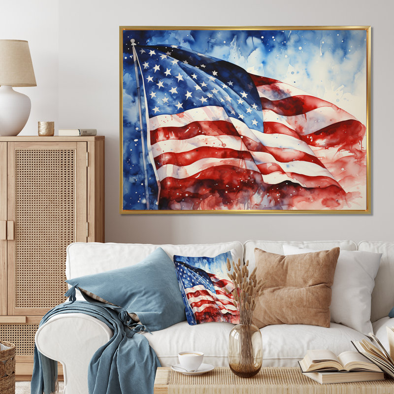 Drapeau américain, drapeau I, impression sur toile encadrée, H 12 po x l 20 po x P 1 po, Cadre flottant doré