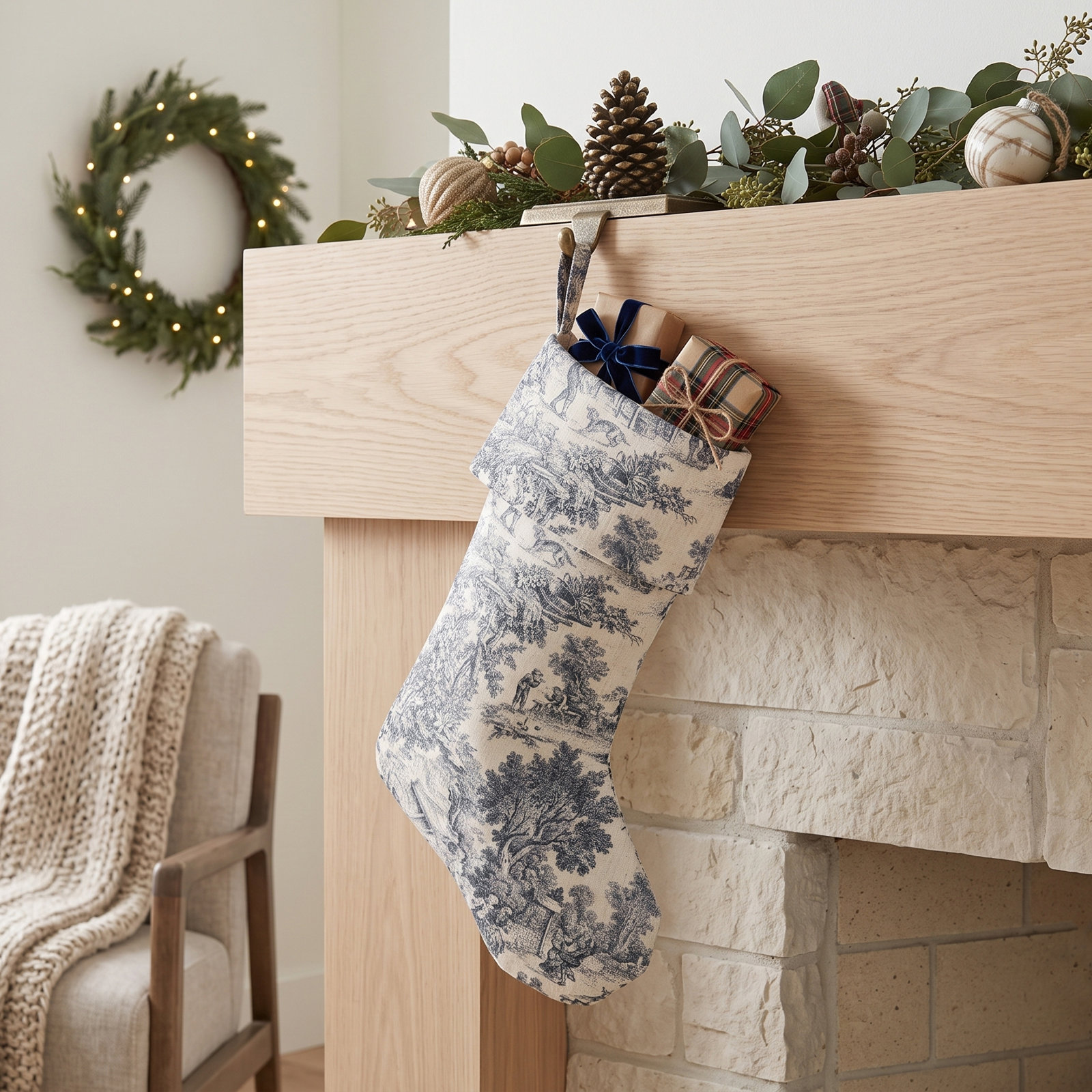 Toile Christmas Stocking, Navy