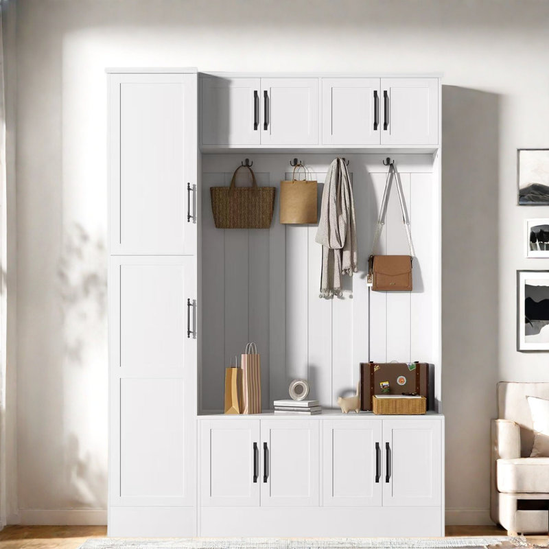 4-in-1 Tall Modern Hall Tree With Shoe Storage,  Cabinets, Coat Hooks, Metal Handles And Adjustable Shelves, White