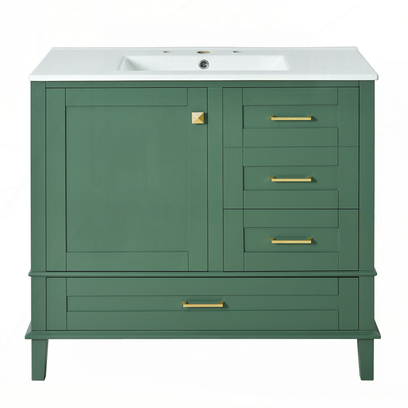 36" Bathroom Vanity with Solid Pine Frame, 1 Soft Close Door and 3 Drawers , Modern Storage Cabinet, Green