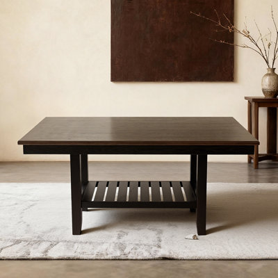 64 Inch Rubberwood Dining Table With Slatted Lower Shelf, Modern Farmhouse Kitchen Table