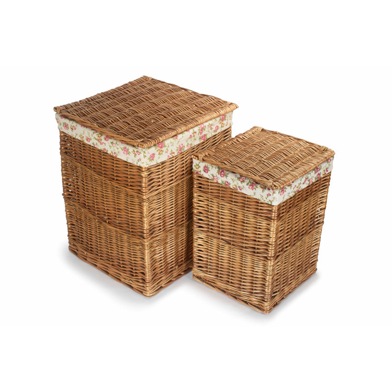 Wicker 2 Piece Lined Laundry Basket Set, Light Steamed