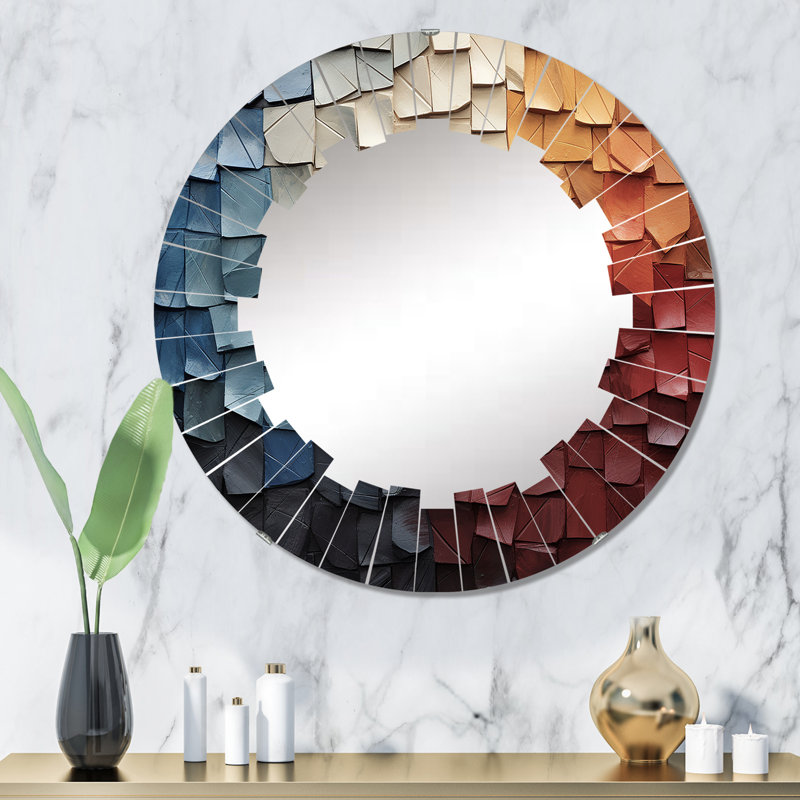 Forest Red Wood Collage III - Miroir mural rond moderne, 32 po x 32 po