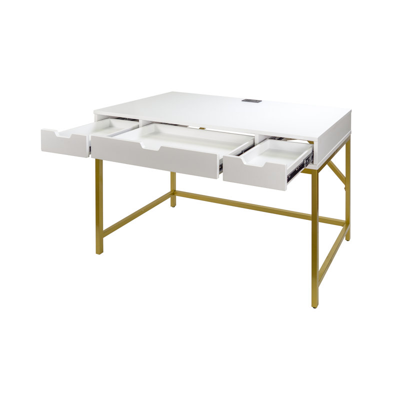 Bureau avec prises intégrées, Blanc / or